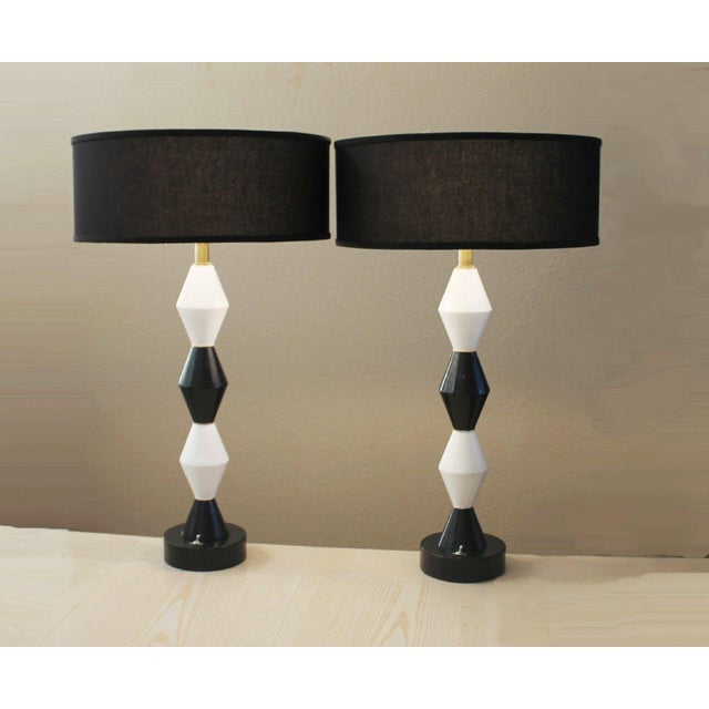 EXQUISITE & RARE! PAIR HAND-FINISHED FREDERICK COOPER "HARLEQUIN" TABLE LAMPS! Black & White Enamel Black Linen Shade...