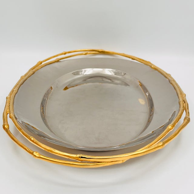 l'Objet Contemporary 24 Karat Gold & Nickel Plated Faux Bamboo Handled 24" Oval Platter Butler's Tray For Sale - Image 10 of 17