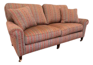 1990s Hancock & Moore Upholstered Sofa With Casters – Custom Patterned Fabric, 74”