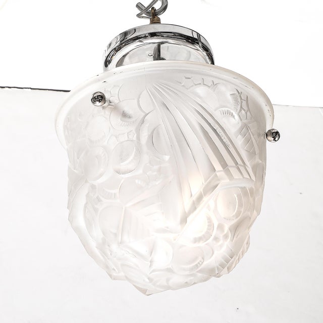 Art Deco Art Deco Molded & Frosted Glass Pendant W/ Cubist Detailing by Muller Freres For Sale - Image 3 of 16