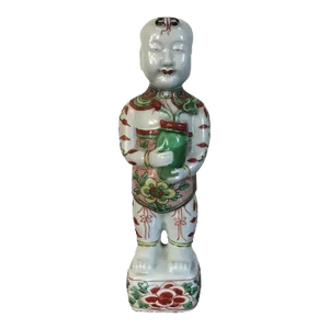 19th Century Chinese Porcelain Ho Ho Boy Figure in Wucai / Famille Vert Glaze