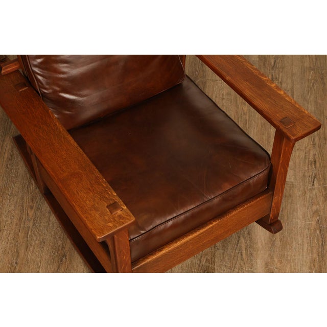 Mission Antique L & JG Stickley Mission Oak Morris Rocker For Sale - Image 3 of 18