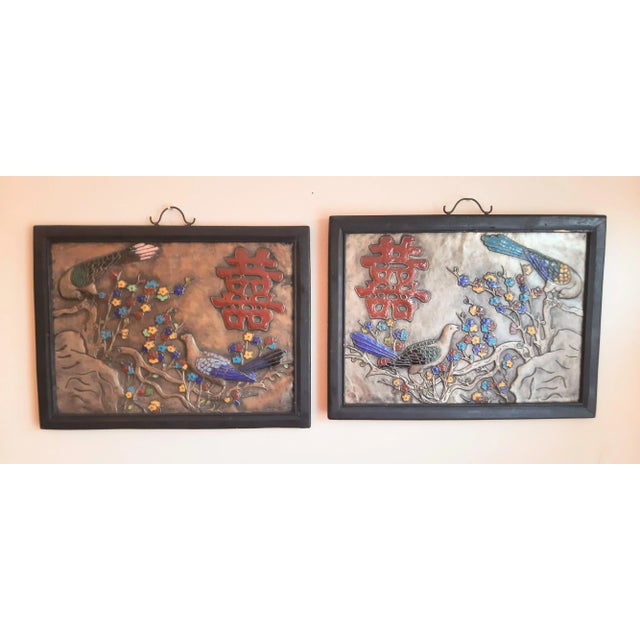 Vintage Pair of Asian Enamel on Metal Birl Floral Wall Art For Sale - Image 13 of 13