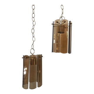 1970s Smoked Amber Glass and Brass Double Light Fixture Pendant Light For Sale