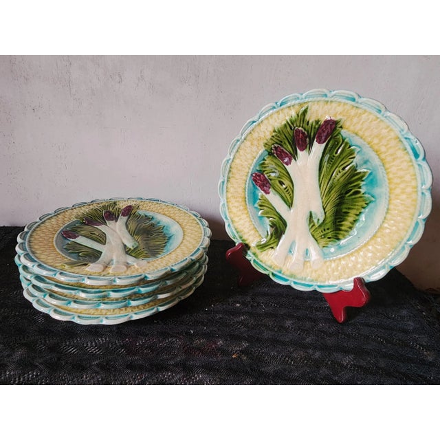 Blue Antique French Asparagus Barbotine Plate from Salins, 1900s, Set of 4 For Sale - Image 8 of 8