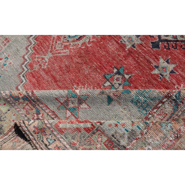 Antique Turkish Oushak Rug With Red, Soft Blue, Teal, and Cream Accents For Sale - Image 11 of 13