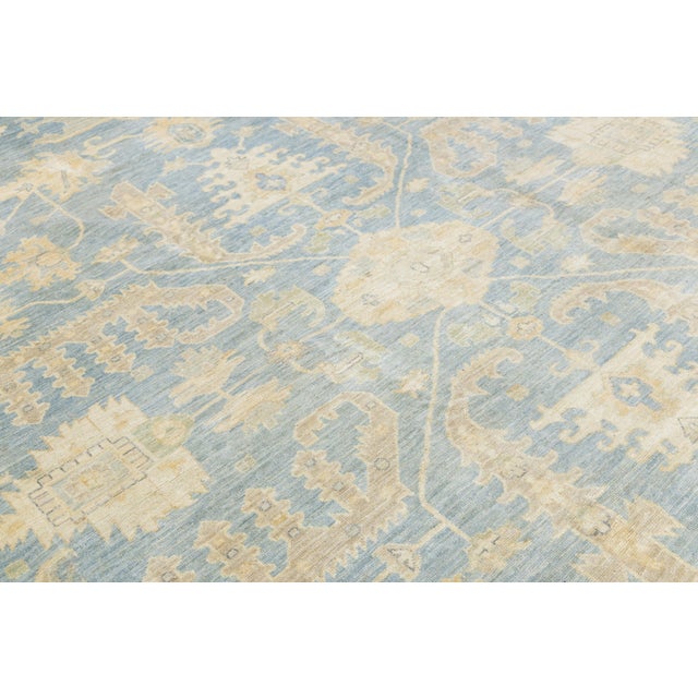 Sky Blue Modern Hand-Knotted Oushak Style Wool Area Rug in Soft Sky Blue and Cream For Sale - Image 8 of 12