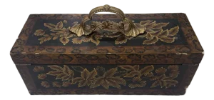 Antique Floral Pyrography Wood /Brass Box 7x8x19