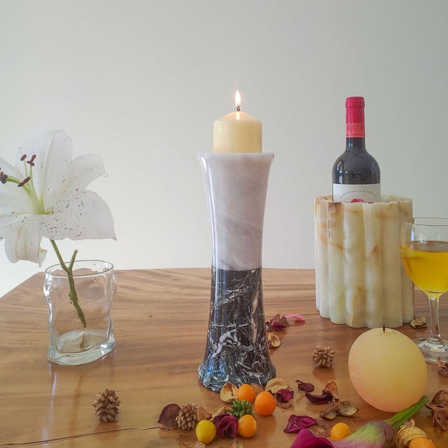 Stone Tealight Candleholder in Black and White Marble by Forzini For Sale - Image 7 of 8