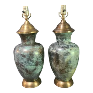 Mid-Century Modern Pair of Metal Patinated Verdigris Brass Table Lamps Original Finial