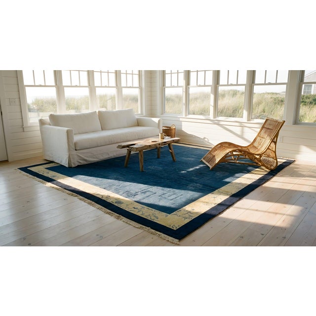 1920s Royal Blue Medallion Floral Antique Chinese Peking Rug 9' X 11'8" Handknotted Wool Carpet For Sale In New York - Image 6 of 8