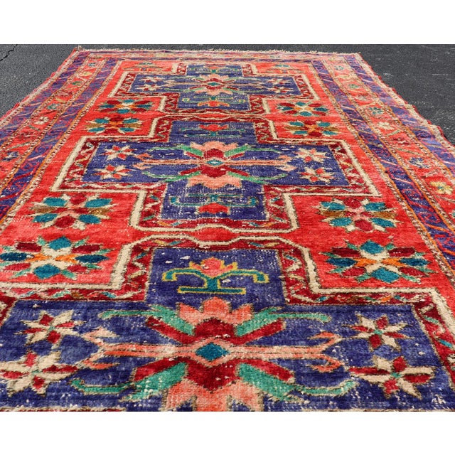 Vintage Caucasian Kazak Rug With Cross Medallions in Red and Blue 4'8 X 8'2 For Sale - Image 10 of 15