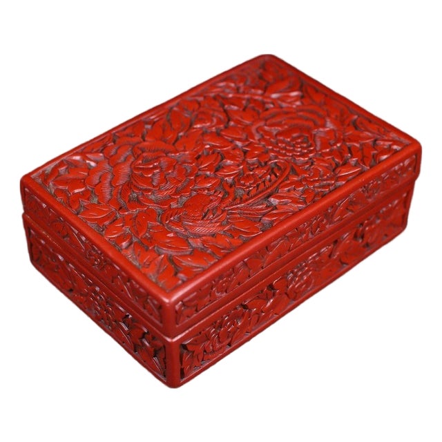 Carved Cinnabar Lacquer Box With Floral and Bird Motifs For Sale