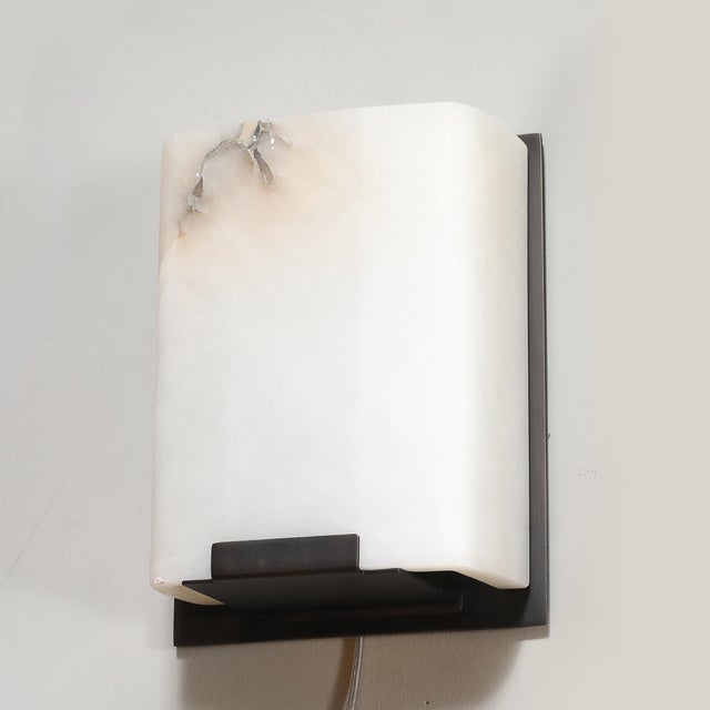 Pair of Modernist Alabaster & Oil-Rubbed Bronze Wall Sconces For Sale In New York - Image 6 of 18
