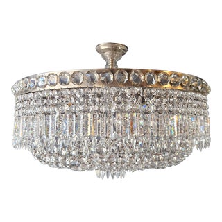 1930s Low Plafonnier Crystal Chandelier Brass Lustre Silver Chrome For Sale