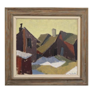 Mid-Century Modern 'Houses in Snow' Vintage Street Scene Oil Painting by Finnish Artist Paavo Airola (1918 – 1983), Framed For Sale