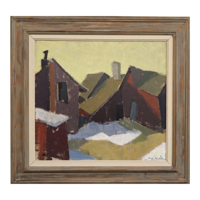 Mid-Century Modern 'Houses in Snow' Vintage Street Scene Oil Painting by Finnish Artist Paavo Airola (1918 – 1983), Framed For Sale