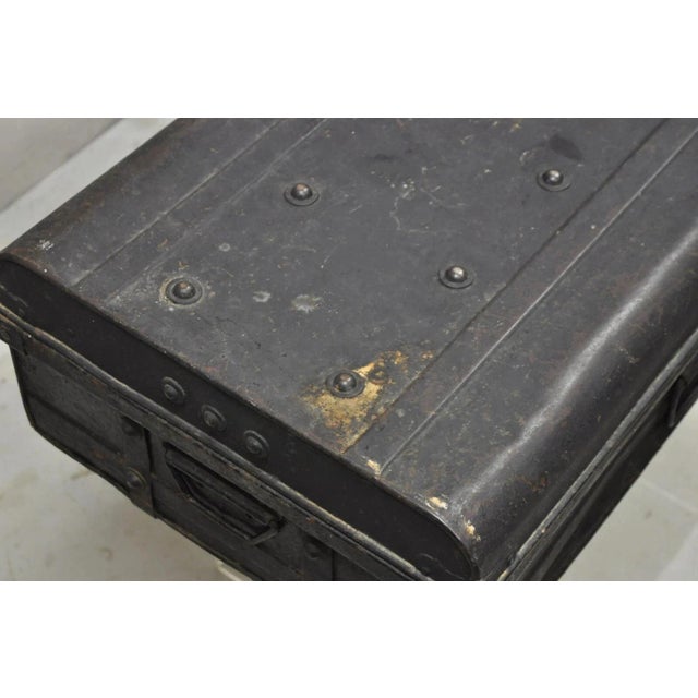 Early 20th Century Antique Art Deco Steel Metal Military Weapons Black Storage Travel Trunk For Sale - Image 5 of 12