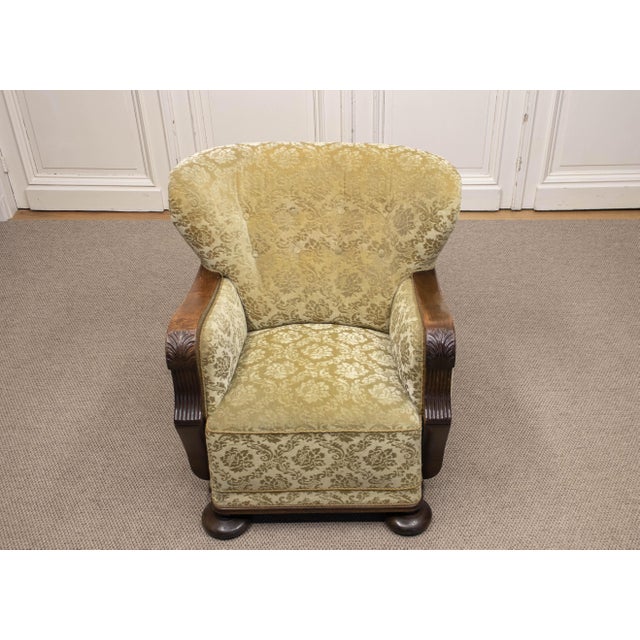 Vintage Swedish Wingback Chair with Golden Velvet and Carved Oak Armrests, 1920s For Sale - Image 6 of 12