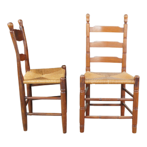 Early 20th Century Antique Shaker Style Mahogany Ladder Back Dining Side Chairs Rush Seat - Set of 2