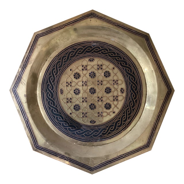 Vintage Middle Eastern Style Solid Brass Engraving Enamel Hexagonal Tray For Sale