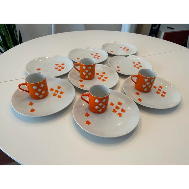 Mid Century 1950s Orange & White “Playing Card” Snack Plates With Cups by Jonas Roberts- Set of 12 For Sale In Miami - Image 6 of 11