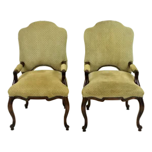 Vintage French Louis XV-Style Tall Back Suede Bergere Chairs & Cabriole Legs - a Pair
