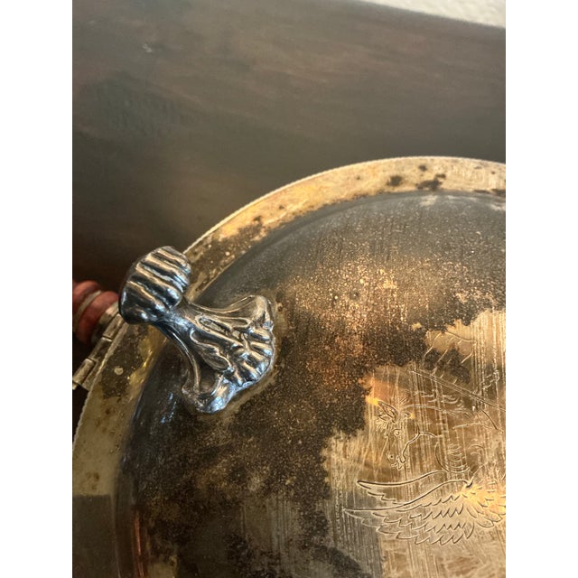 English Vintage Silver Plate Covered Serving Dish With Turned Wood Handle & Heraldic Crest For Sale - Image 3 of 8