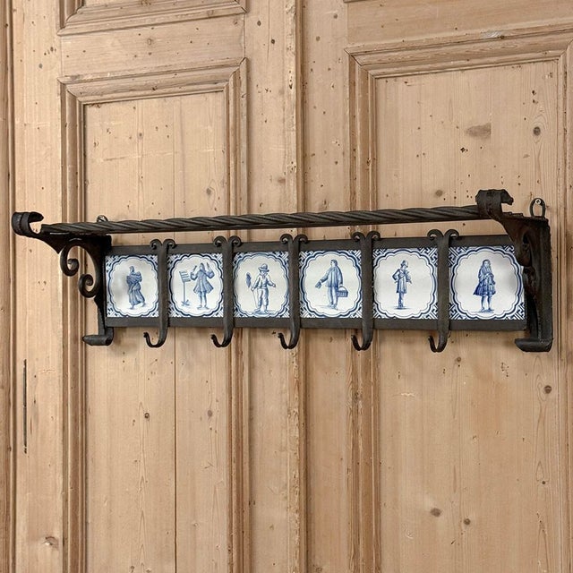 Mid 19th Century 19th Century Dutch Wrought Iron Coat Rack With Delft Tiles For Sale - Image 5 of 18