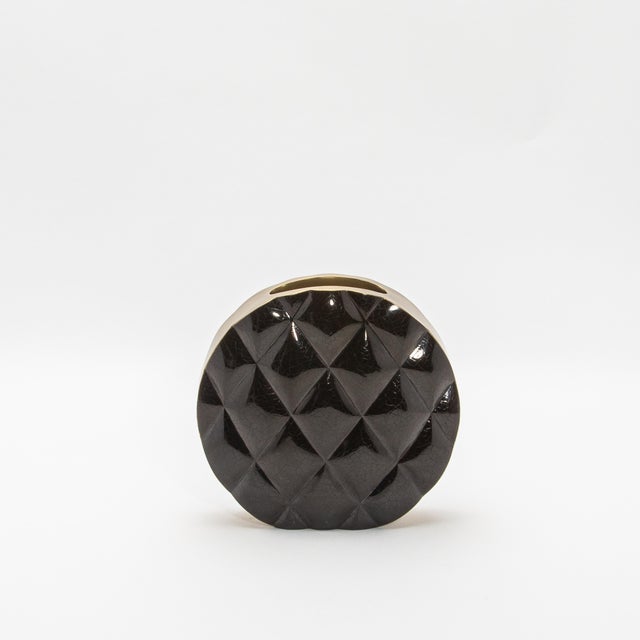 Modern Modern Quilted Vase in Black Shell With Brass Details by Kifu Paris For Sale - Image 3 of 7