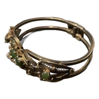 Vintage Sorrento Gold-Washed Sterling Silver and Jade Filigree Hinged Bangle For Sale