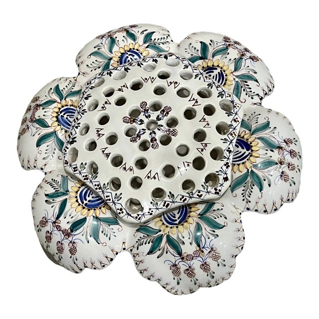 Vintage Hand Painted in Portugal Flower Frog Vase For Sale