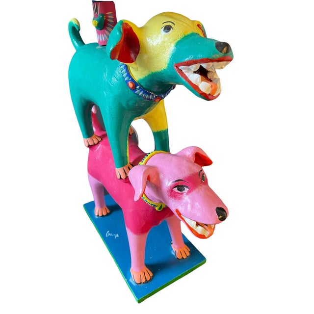 Late 20th Century Artisan "Two Dogs" Hand Painted Sculpted Clay Lamp by Oaxacan Artist Gabriel Sosa Singed For Sale - Image 5 of 12