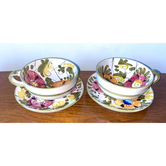 Vintage Italian Faience Oversized Cups & Saucers-Set 2 For Sale - Image 4 of 5