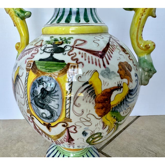 Italian Majolica Hand Painted Ceramic Pottery Face Handles Vase For Sale - Image 11 of 16