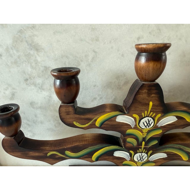 Wood Vintage Swedish Wood Hand Painted 5 Arm Candelabra For Sale - Image 7 of 11