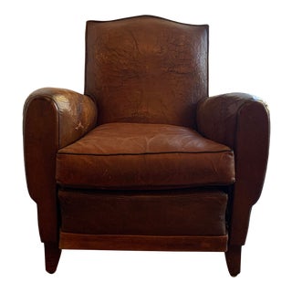French Art Deco Vintage Leather Library Club Chair For Sale