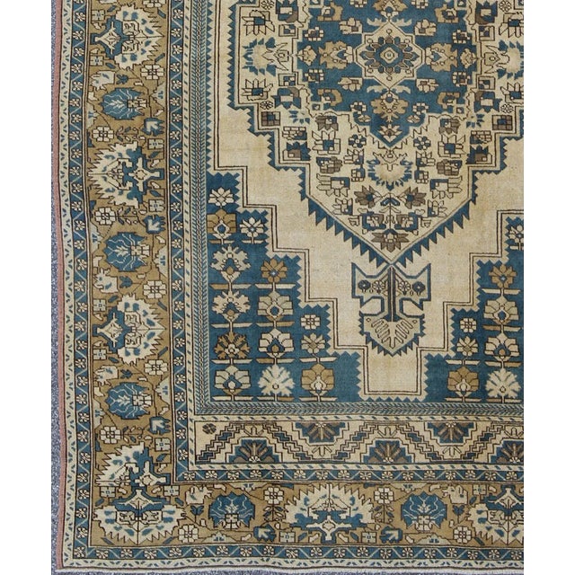 Vintage Turkish Rug With Geometric Design in Blue, Gold and Cream Colors For Sale - Image 4 of 9