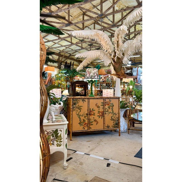 Vintage Coastal Tortoise Bamboo Sideboard Cabinet With Floral Decoupage & Crackle Finish For Sale - Image 12 of 12