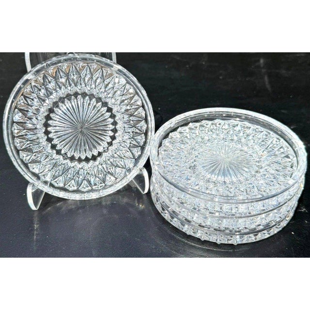 1970s Vintage Clear Pressed Glass Coasters Set of 4 Starburst Diamond Point 4.25" For Sale - Image 5 of 5
