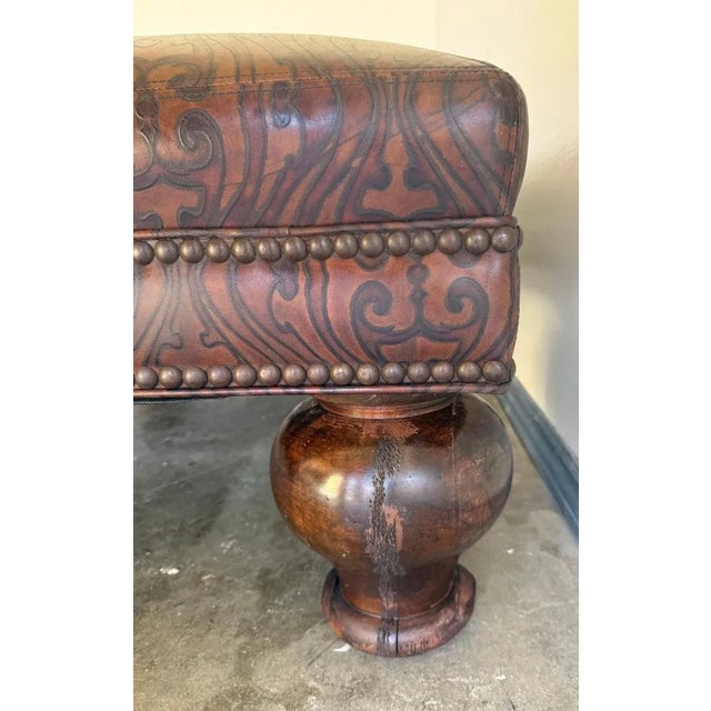 Spanish Colonial Style Embossed Leather Ottoman With Bun Feet For Sale - Image 9 of 12