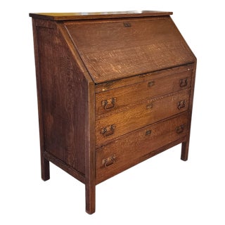 Antique Mission Arts & Crafts Craftsman Style Quartered Oak Slant Top Desk, 1910 For Sale