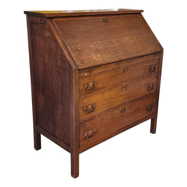 Antique Mission Arts & Crafts Craftsman Style Quartered Oak Slant Top Desk, 1910 For Sale