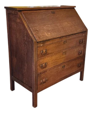 Antique Mission Arts & Crafts Craftsman Style Quartered Oak Slant Top Desk, 1910
