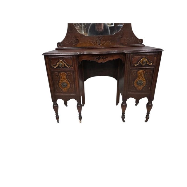 Antique Victorian Inlaid Mahogany Vanity W/ Tri-Fold Mirror, Refinished Top For Sale - Image 9 of 10