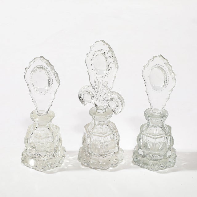 Art Deco 3 Art Deco Pressed Glass Scalloped Stoppers & Hobnob Detailing Perfume Holders For Sale - Image 3 of 12