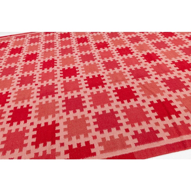 10x14 Modern Swedish-Style Flatweave Wool Rug – Terracotta & Crimson Geometric For Sale - Image 9 of 10