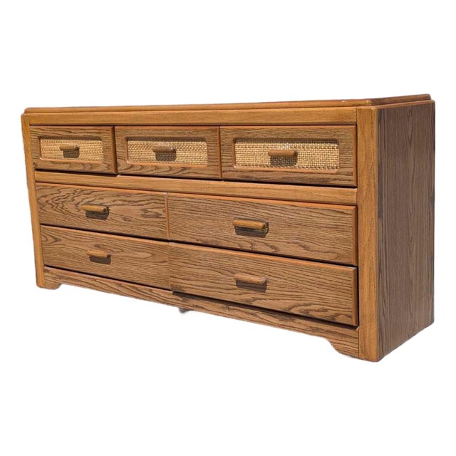 1980s Postmodern Faux-Oak Laminate Six-Drawer Dresser For Sale