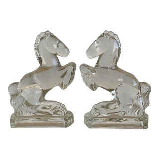 Vintage L E Smith Attributed Molded Glass Rearing Horse Bookends, a Pair, Circa 1940s For Sale