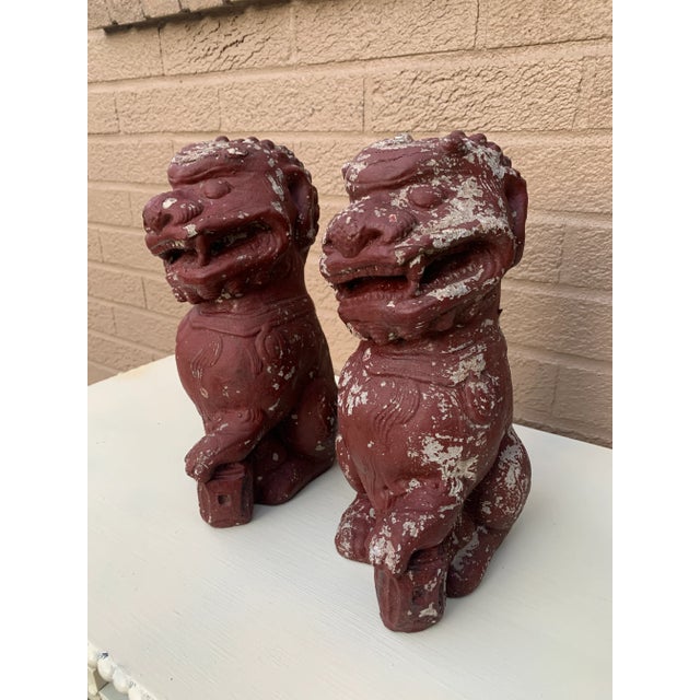 Chinoiserie Antique Chinoiserie Cast Stone Foo Dogs With Timeworn Painted Finish, Pair For Sale - Image 3 of 9